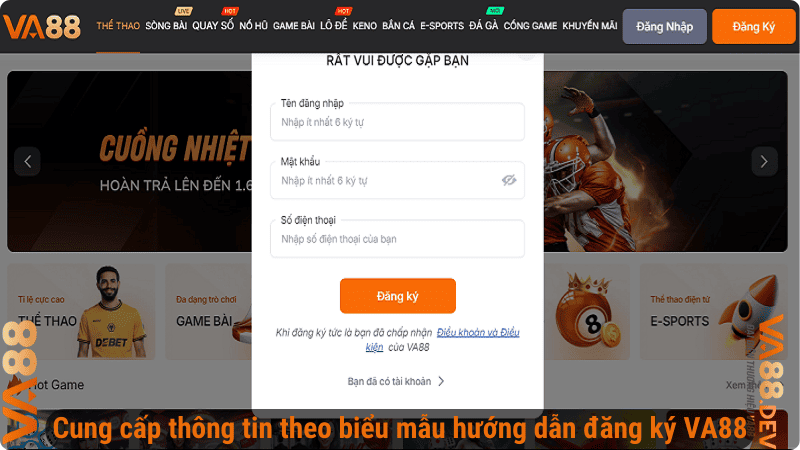 Cung cấp thông tin theo biểu mẫu hướng dẫn đăng ký VA88