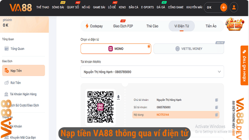 Nạp tiền VA88 thông qua ví điện tử